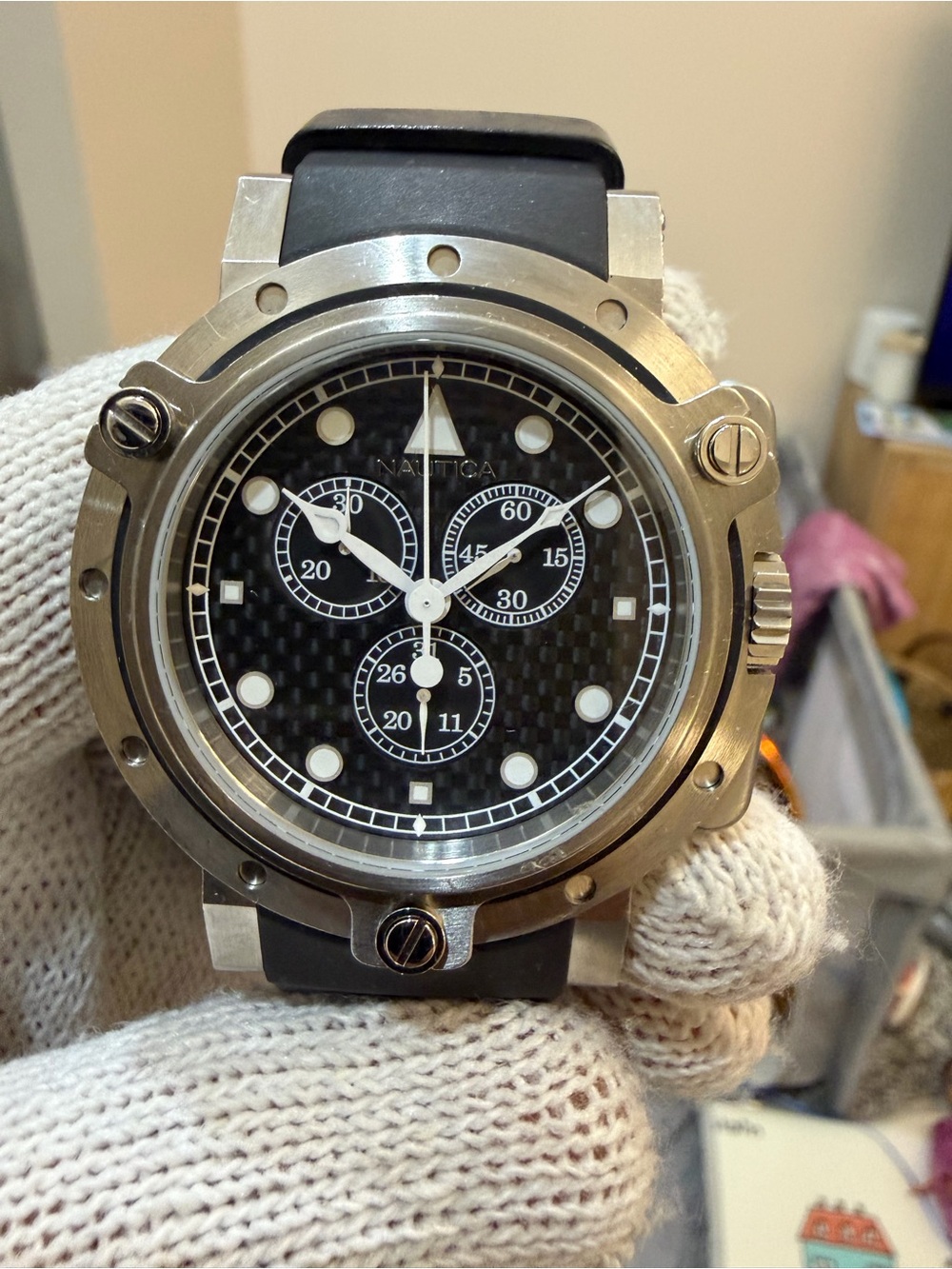 Nautica Oblo Chronograph Mens Watch N16524 46mm Carbon Fiber Dial Black 100M